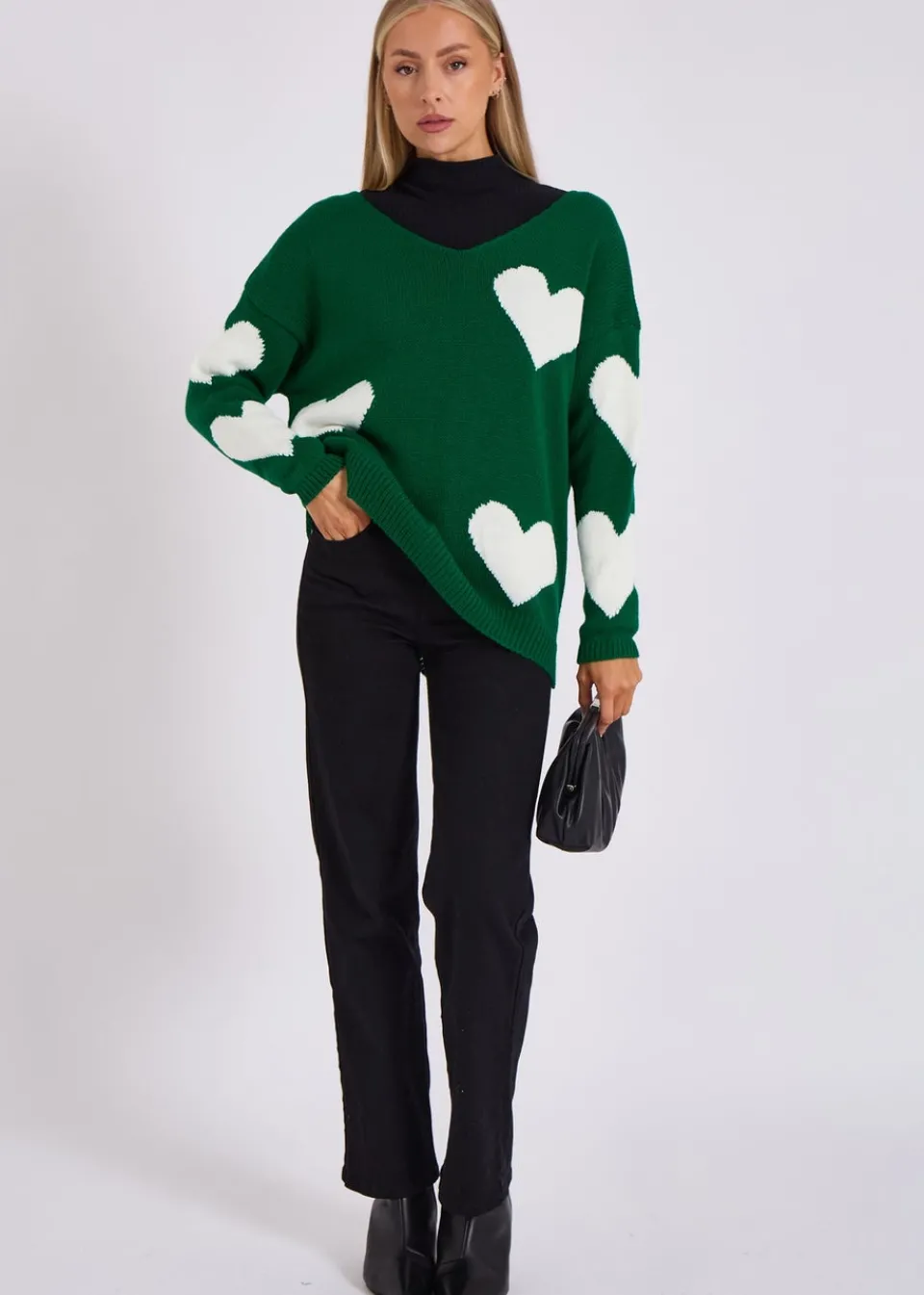 Tops>Gini London Green V Neck Oversized Heart Knit Jumper
