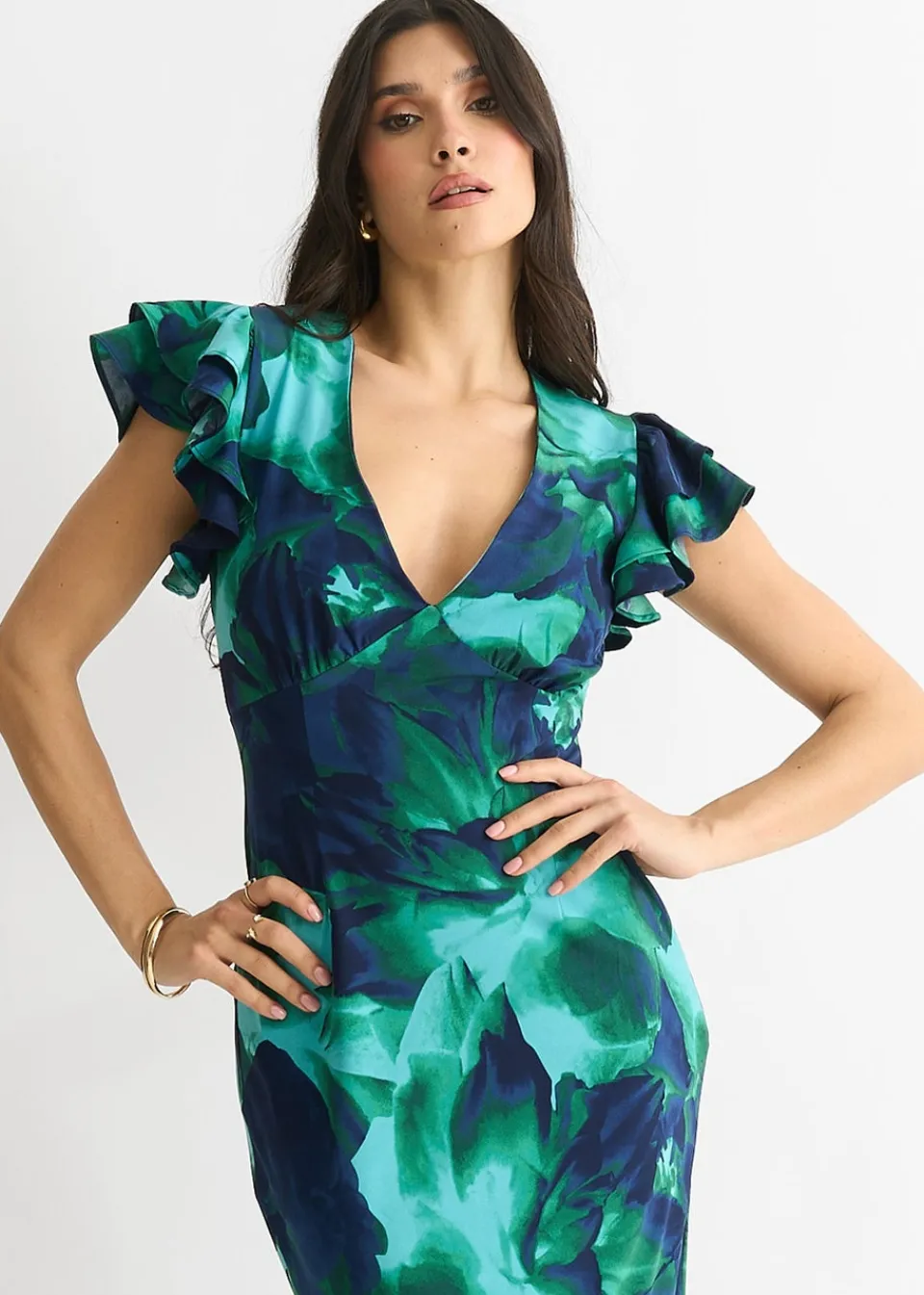 Dresses>Gini London Green Watercolour Floral Maxi Dress