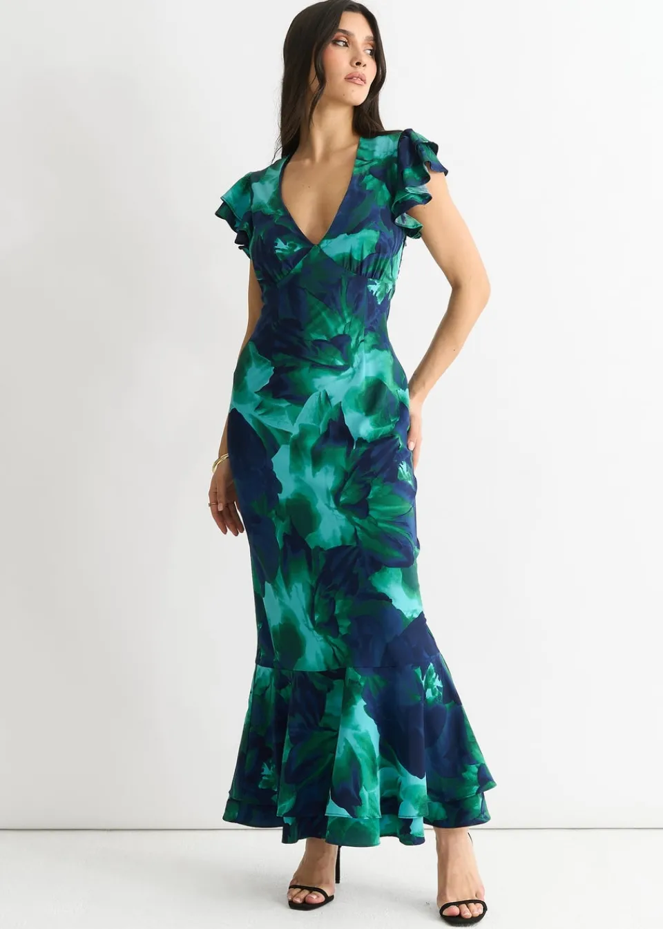 Dresses>Gini London Green Watercolour Floral Maxi Dress