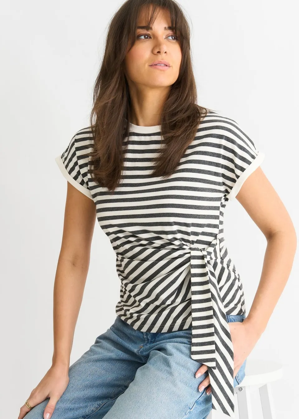 T-Shirts>Gini London Grey Stretch Stripe Top