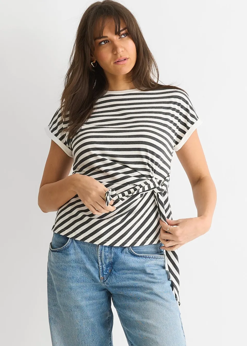 T-Shirts>Gini London Grey Stretch Stripe Top