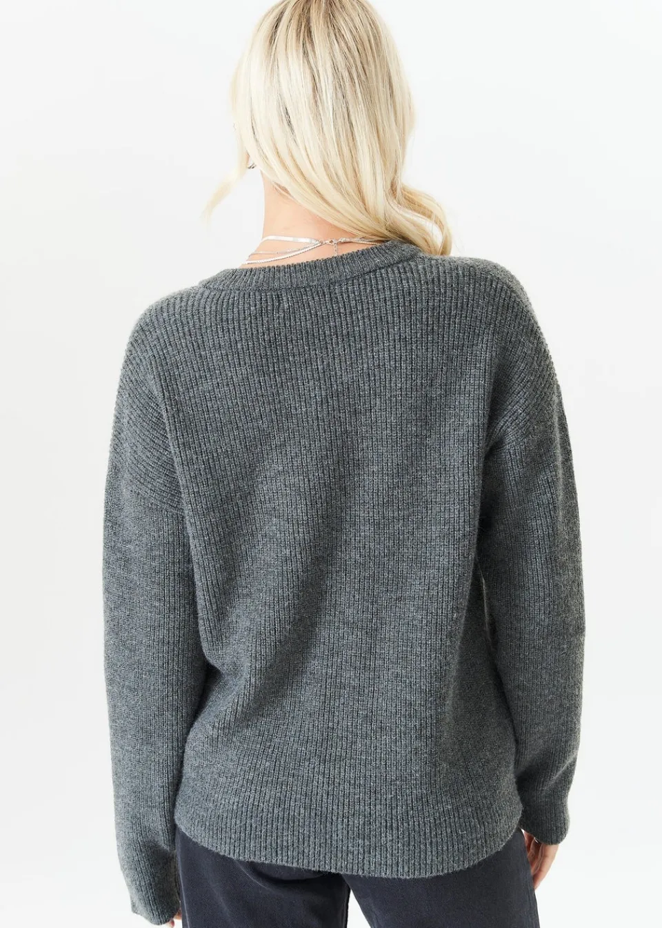 Knitwear>Gini London Grey V Neck Knit Oversized Jumper
