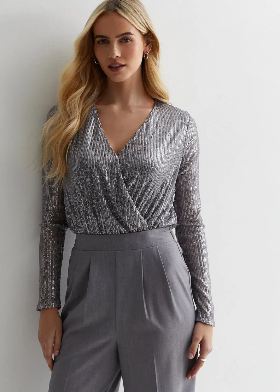Tops>Gini London Gun Metal Sequin Wrap Long Sleeves Bodysuit