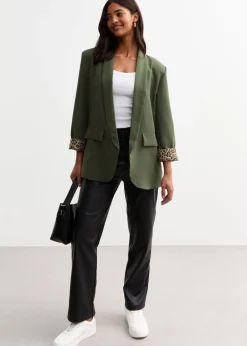 Coats & Jackets>Gini London Khaki Contrast Animal Edge to Edge Blazer