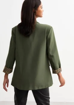 Coats & Jackets>Gini London Khaki Contrast Animal Edge to Edge Blazer
