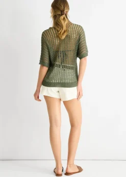 T-Shirts>Gini London Khaki  Fish Net Heart Pattern Crochet Top