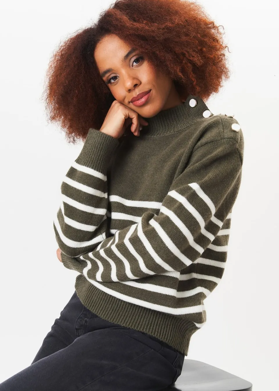 Tops>Gini London Khaki High Neck Stripe Oversized Jumper