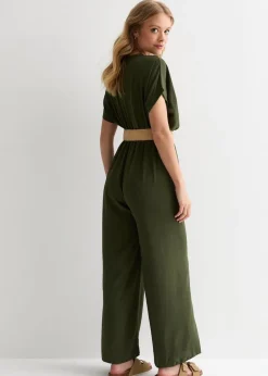 Jumpsuits & Playsuits>Gini London Khaki Short Sleeves Elasticated Waist Belted Jumpsuit