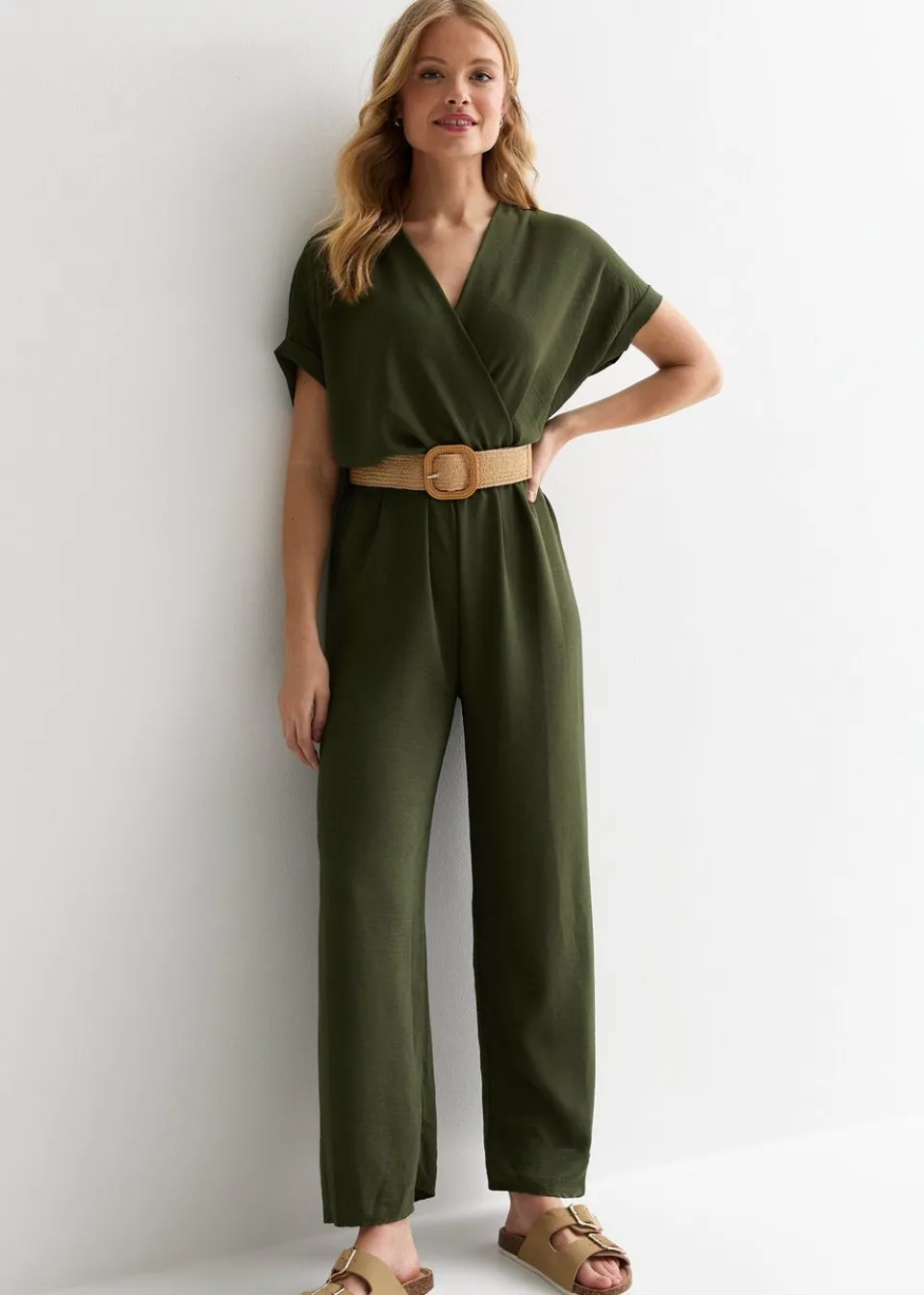 Jumpsuits & Playsuits>Gini London Khaki Short Sleeves Elasticated Waist Belted Jumpsuit