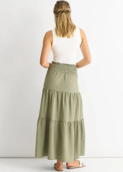 Skirts>Gini London Khaki Smocked Tiered Maxi Skirt