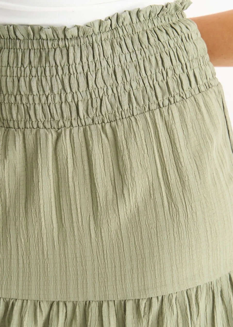 Skirts>Gini London Khaki Smocked Tiered Maxi Skirt