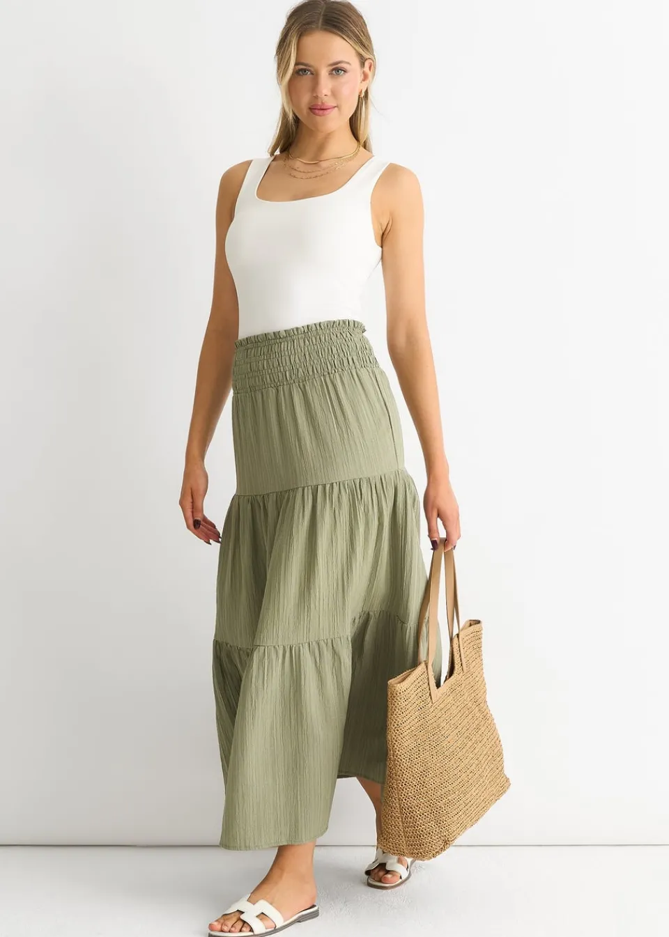 Skirts>Gini London Khaki Smocked Tiered Maxi Skirt