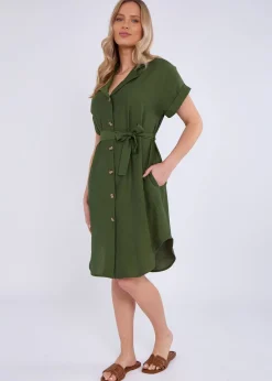 Dresses>Gini London Khaki Utility Belted Oversized Viscose Shirt Dress