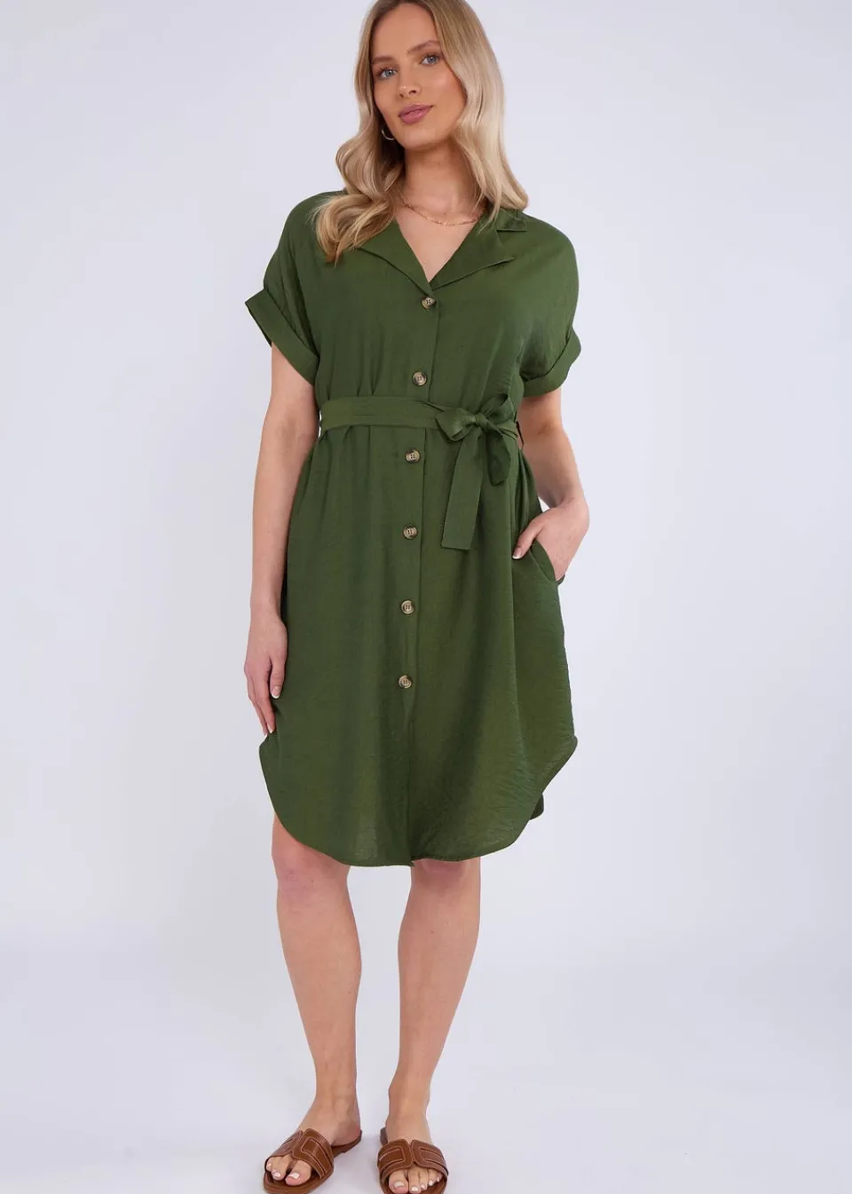Dresses>Gini London Khaki Utility Belted Oversized Viscose Shirt Dress