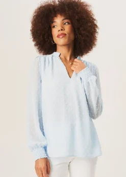Tops>Gini London Light Blue Dobby Chiffon Frill Neck Blouse