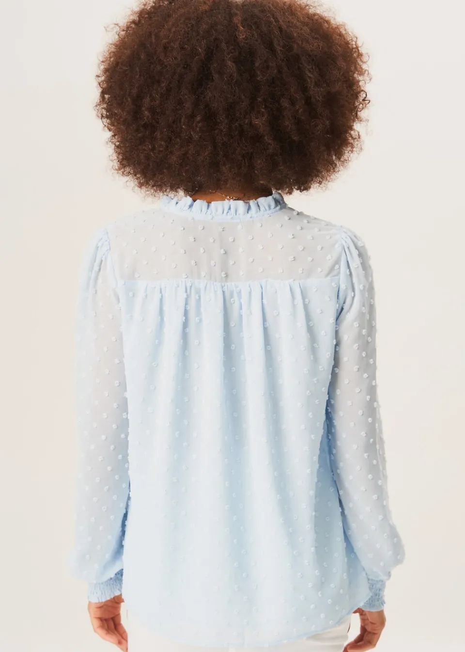 Tops>Gini London Light Blue Dobby Chiffon Frill Neck Blouse