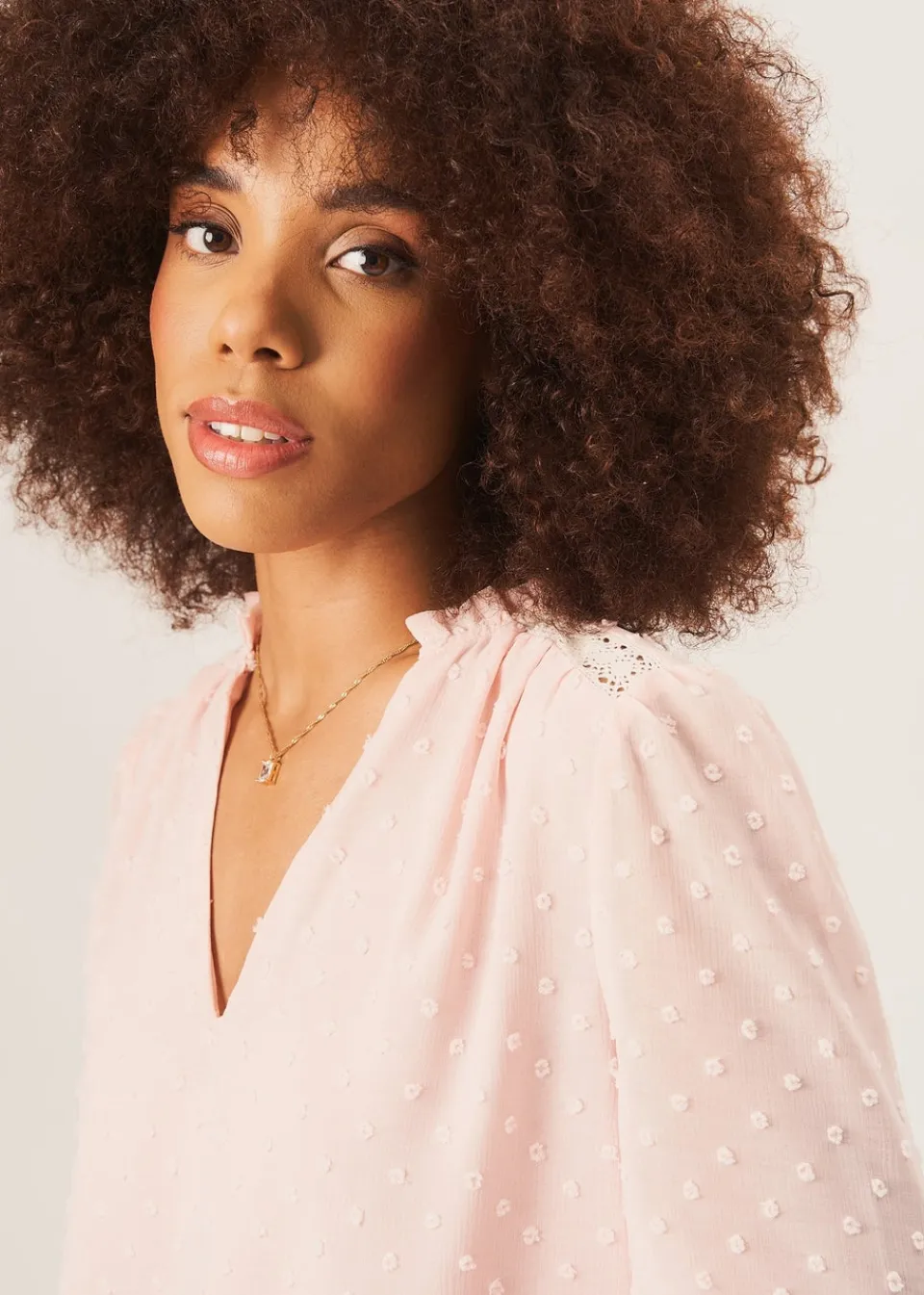 Tops>Gini London Light Pink Dobby Chiffon Frill Neck Blouse