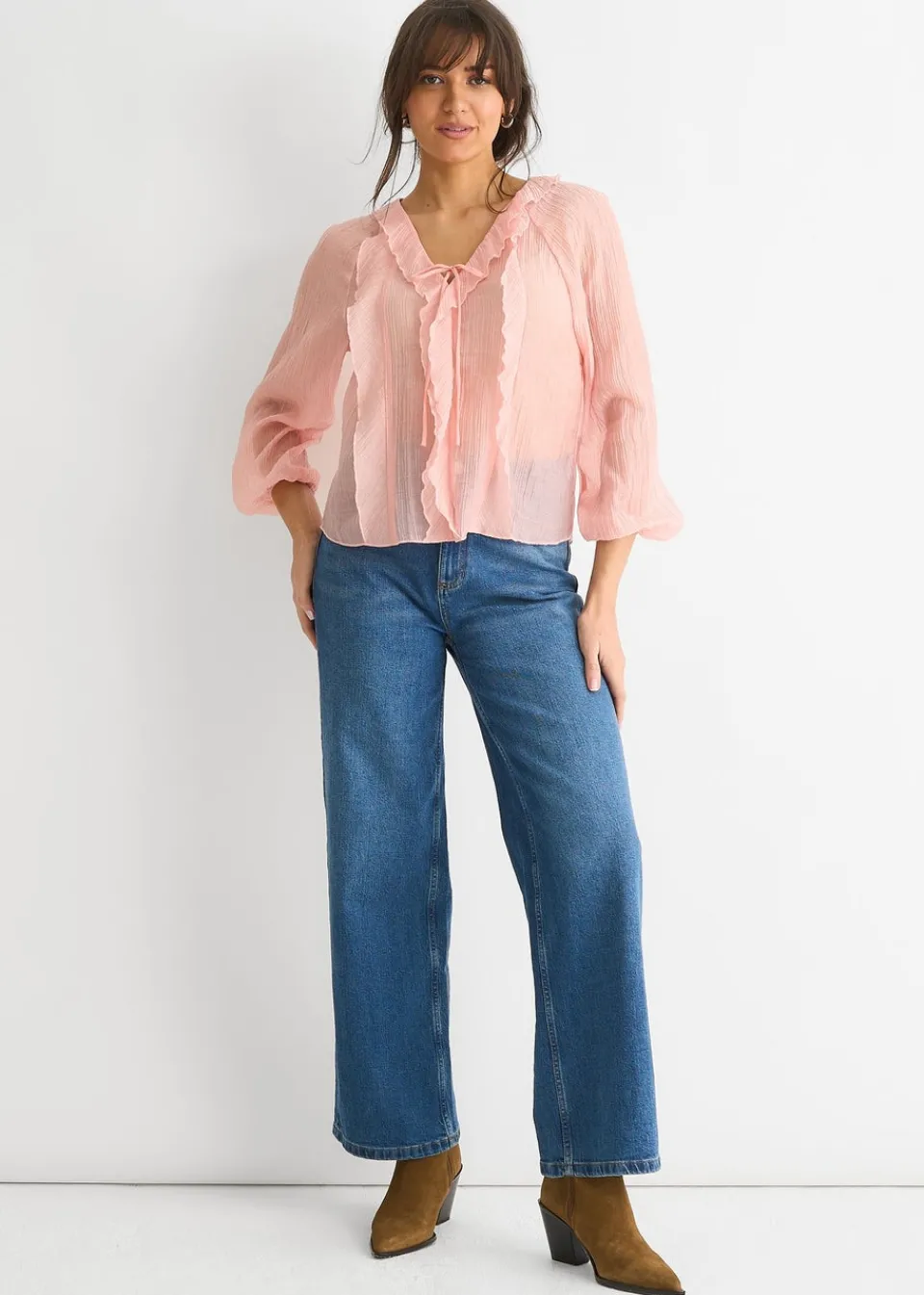 Tops>Gini London Long Sleeeves Tie Detail Ruffle Blouse