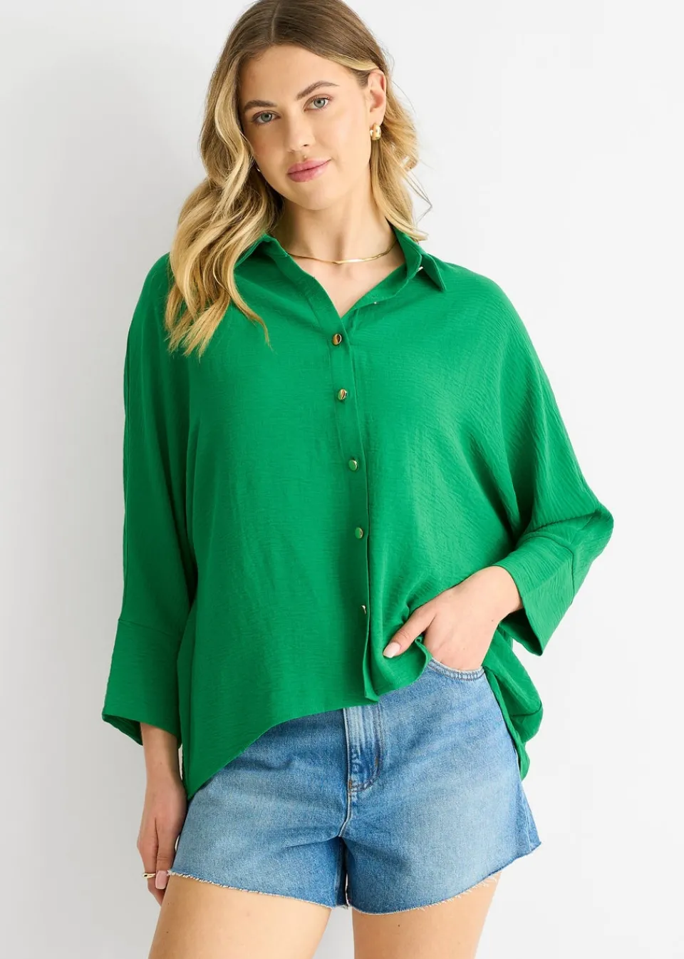 Tops>Gini London Mid Green Kimono Oversized Blouse