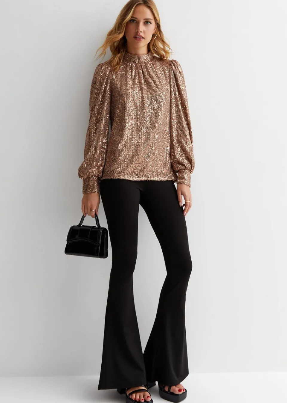 Tops>Gini London Mink Brown Sequin High Neck Loosefit Blouse
