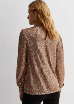 Tops>Gini London Mink Brown Sequin High Neck Loosefit Blouse