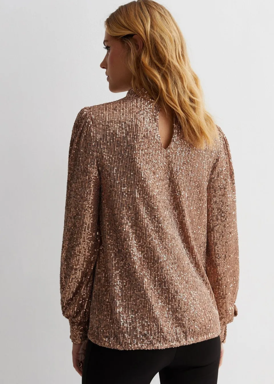 Tops>Gini London Mink Brown Sequin High Neck Loosefit Blouse