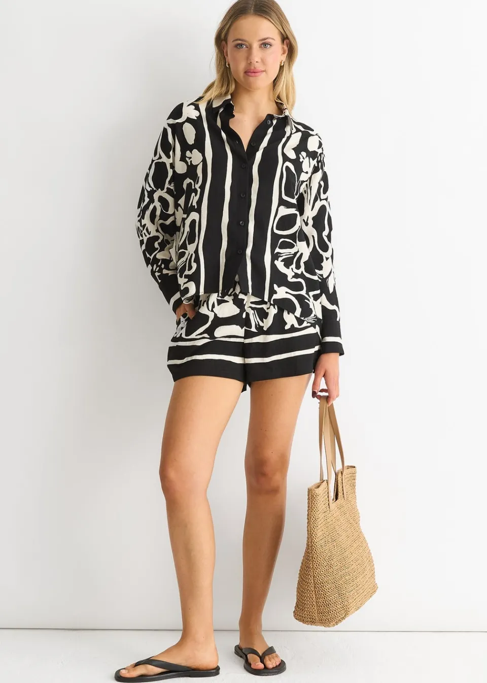 Blouses & Shirts>Gini London Mono Border Print Viscose Oversized Shirt