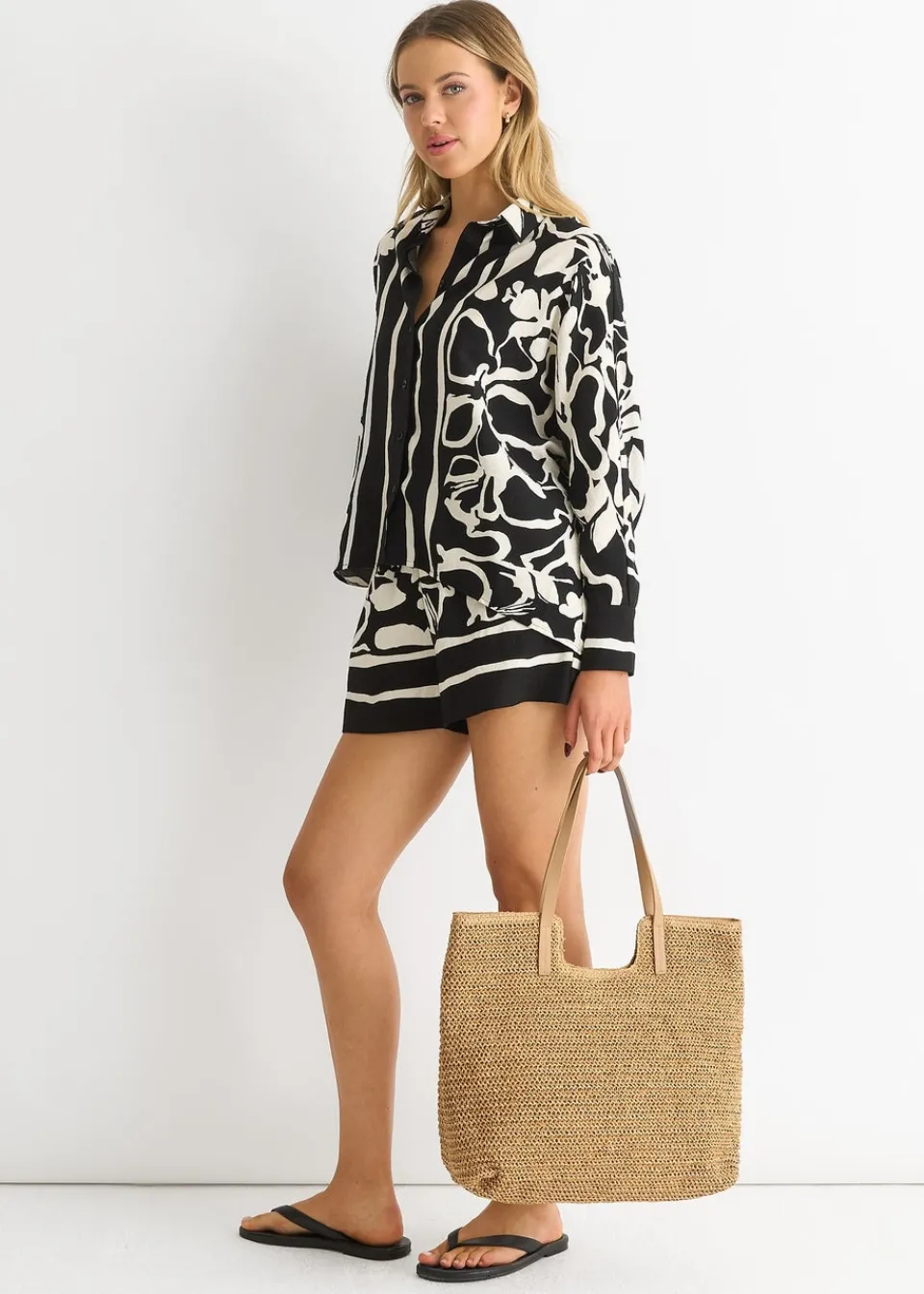 Blouses & Shirts>Gini London Mono Border Print Viscose Oversized Shirt