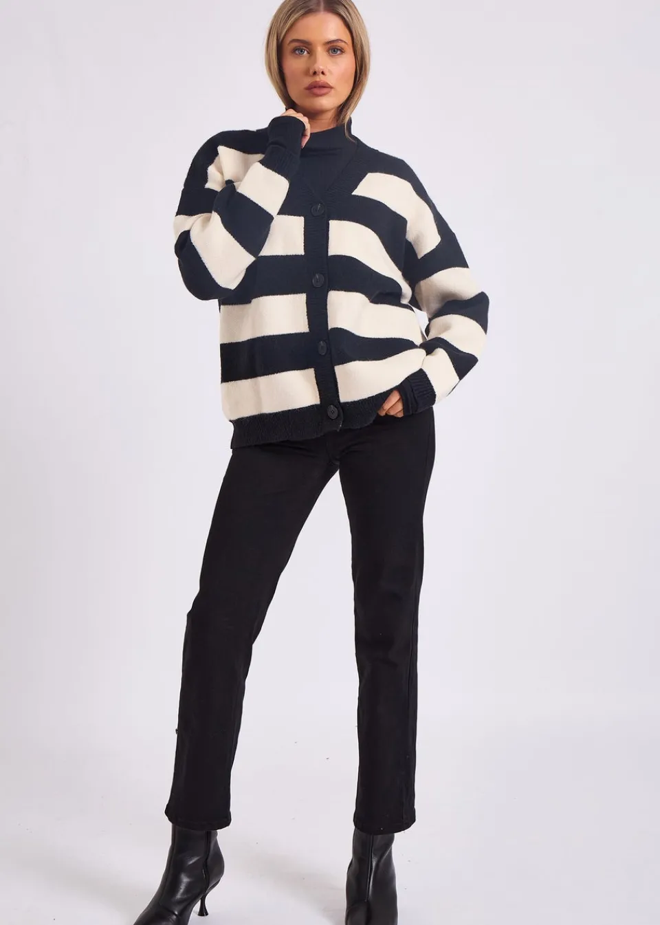 Tops>Gini London Mono Stripe Oversized Button Through Cardigan
