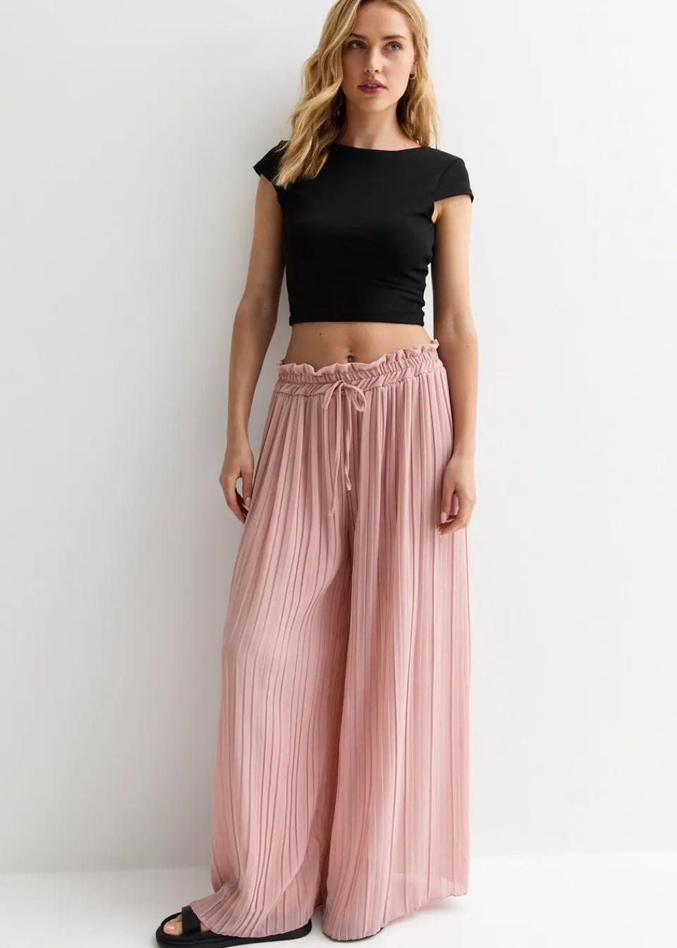 Trousers>Gini London Pink Elasticated Waist Plisse Wide Led Trouser