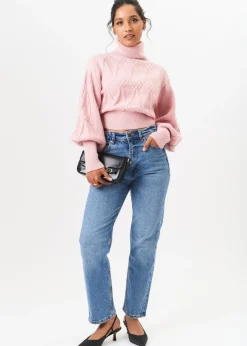 Tops>Gini London Pink High Neck Knit Crop Jumper