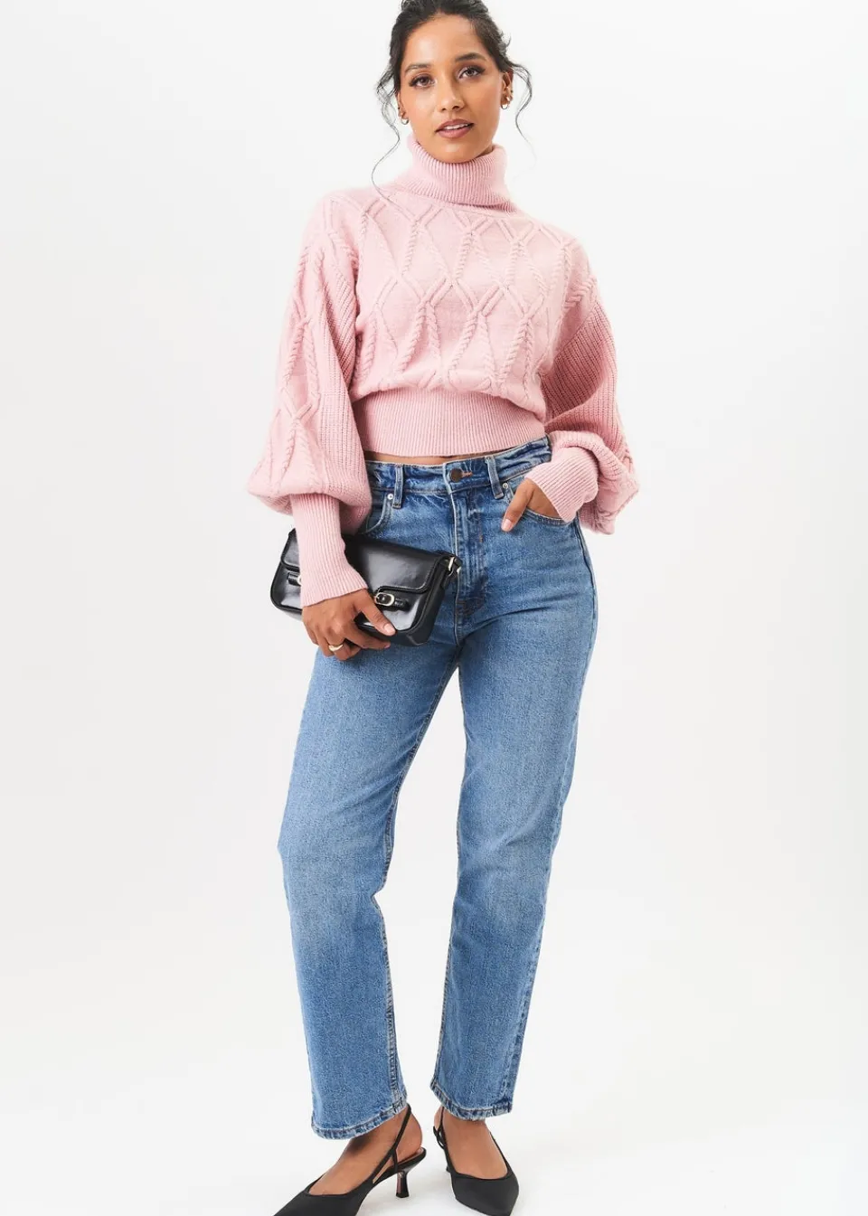 Tops>Gini London Pink High Neck Knit Crop Jumper