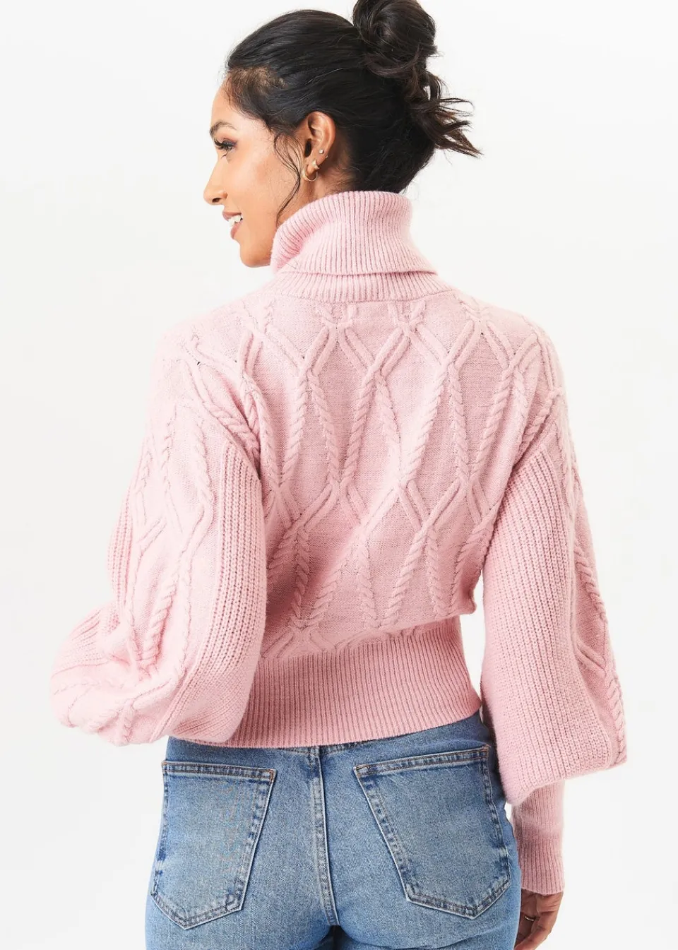 Tops>Gini London Pink High Neck Knit Crop Jumper