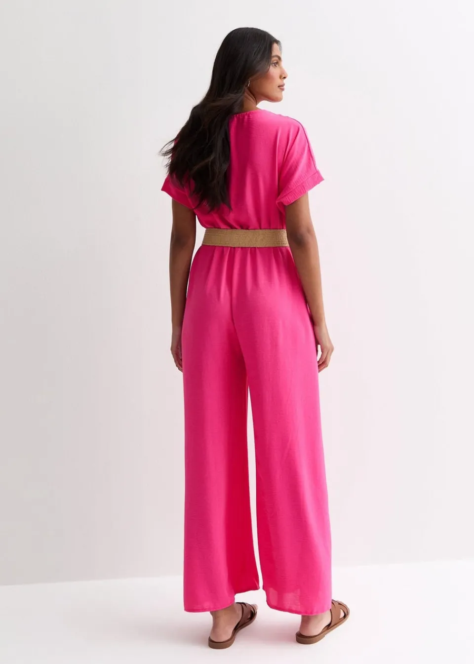 Jumpsuits & Playsuits>Gini London Pink Short Sleeves Elasticated Waist Belted Jumpsuit