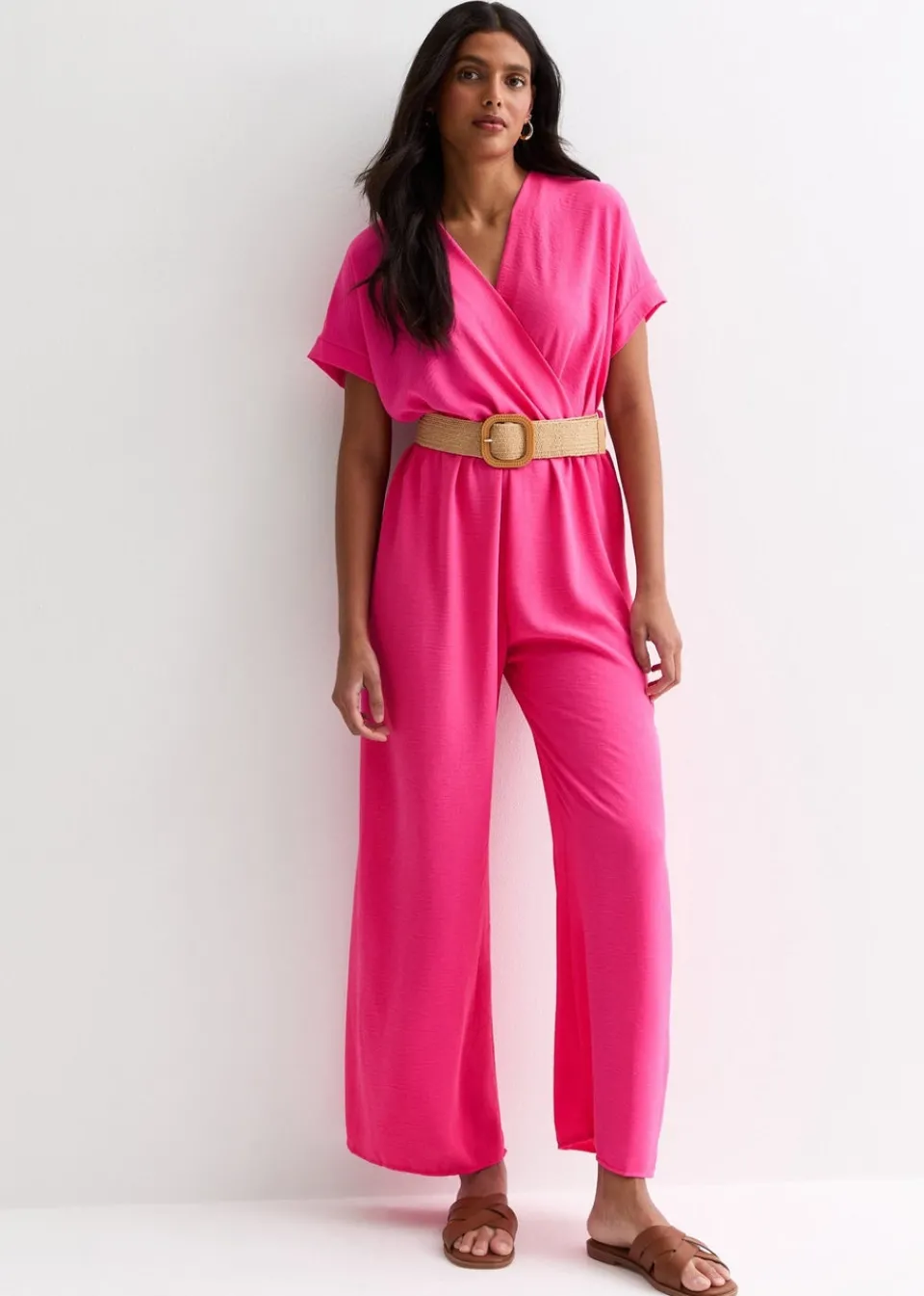 Jumpsuits & Playsuits>Gini London Pink Short Sleeves Elasticated Waist Belted Jumpsuit