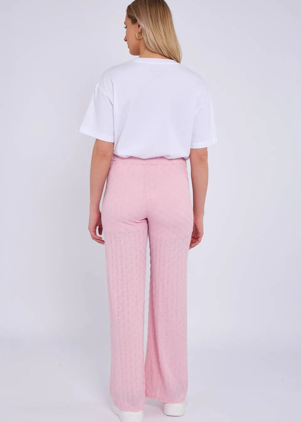 Trousers>Gini London Pink Textured Elasticated Waist Flared Trousers
