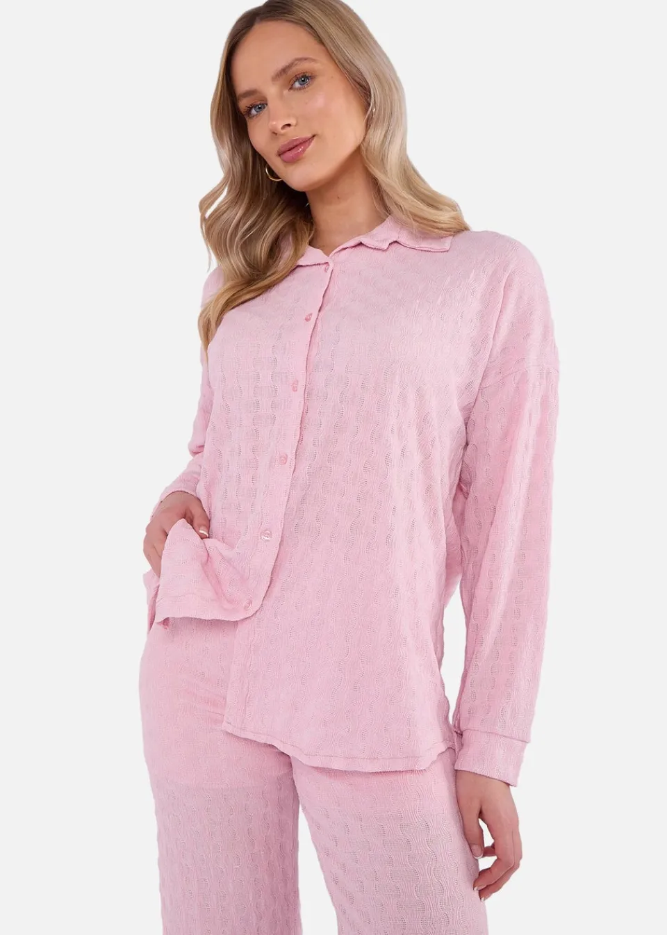 Tops>Gini London Pink Textured Oversized Long Sleeves Shirt