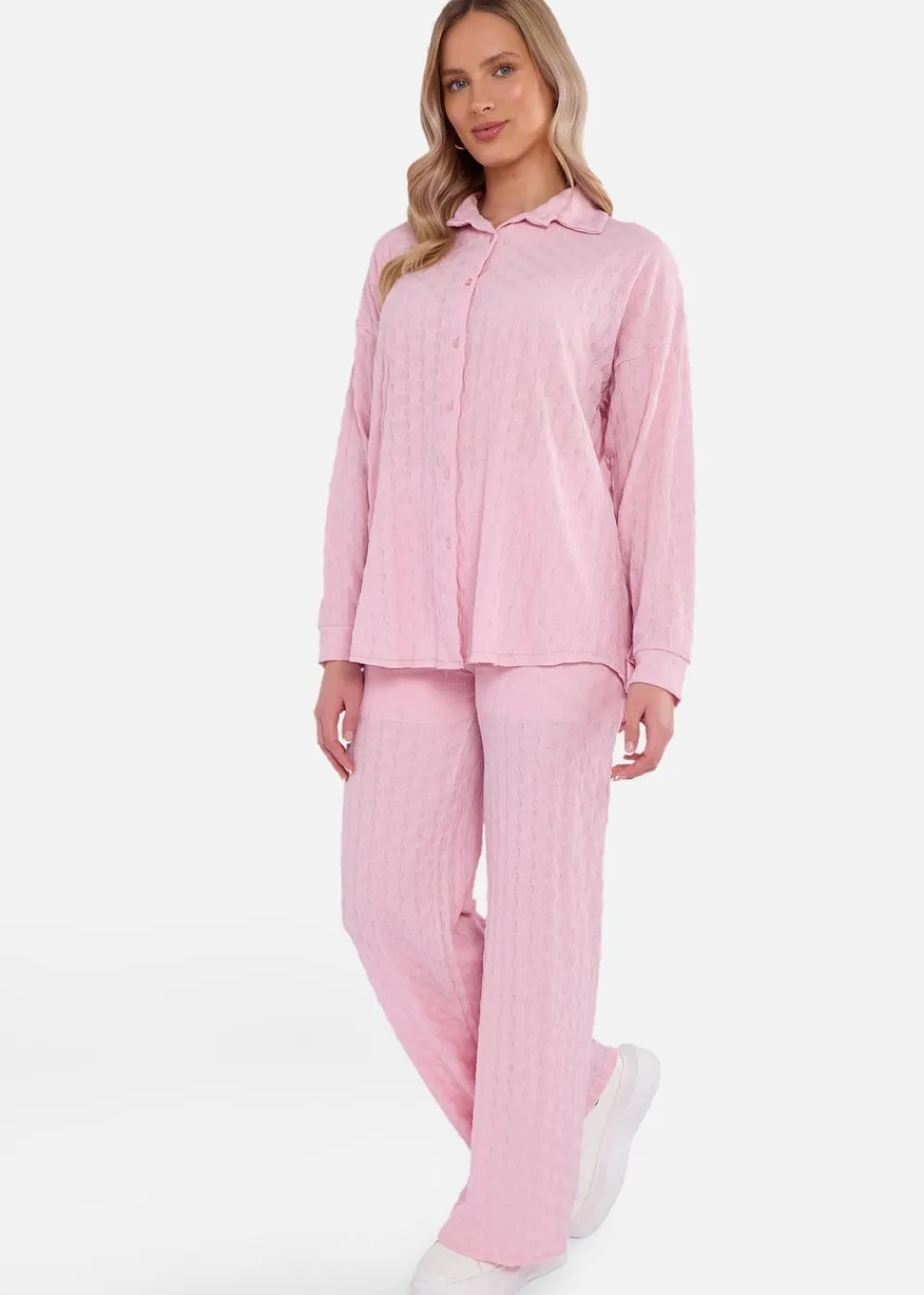 Tops>Gini London Pink Textured Oversized Long Sleeves Shirt