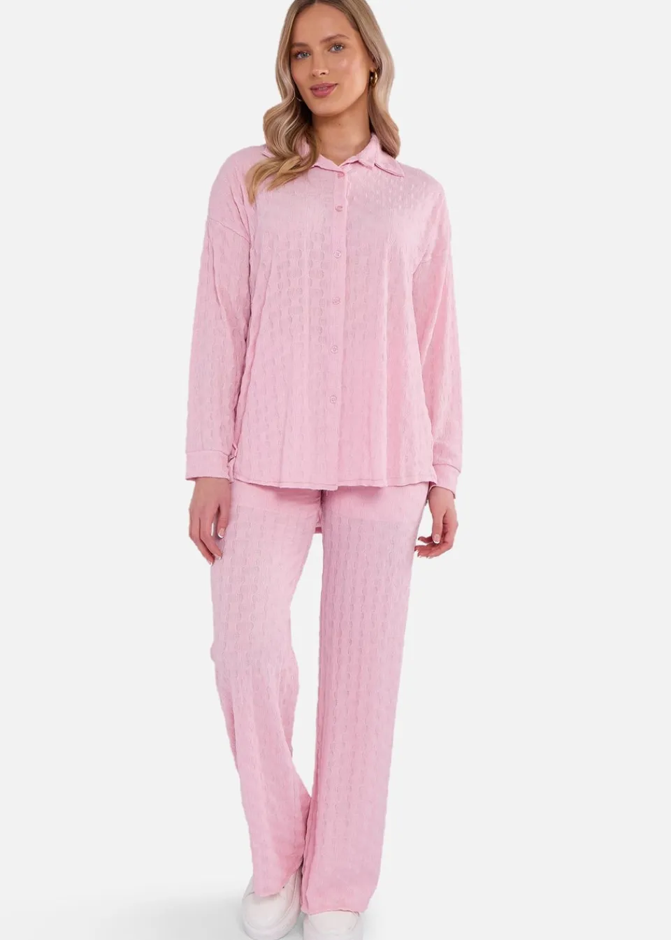 Tops>Gini London Pink Textured Oversized Long Sleeves Shirt