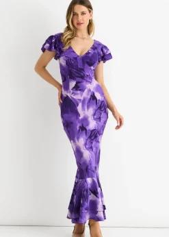 Dresses>Gini London Purple Watercolour Floral Maxi Dress
