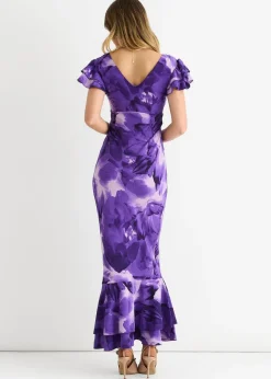 Dresses>Gini London Purple Watercolour Floral Maxi Dress