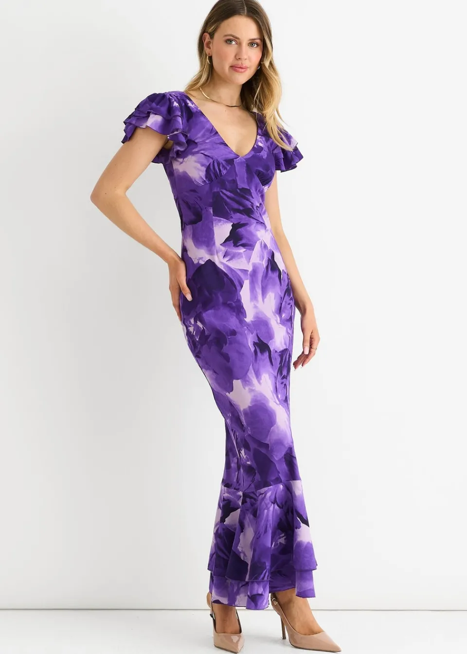 Dresses>Gini London Purple Watercolour Floral Maxi Dress