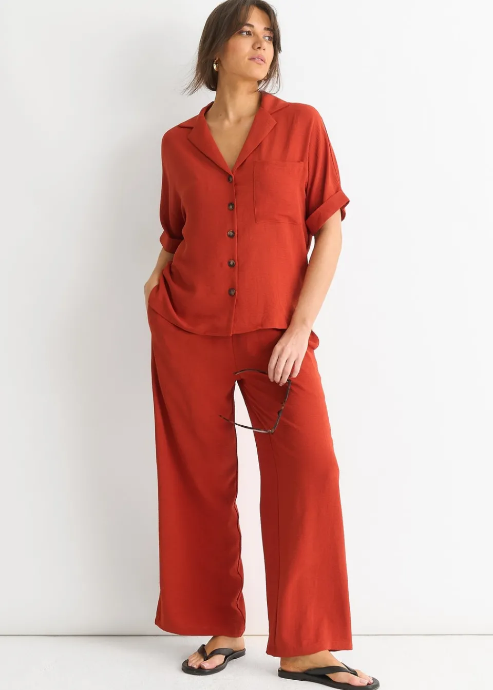Trousers>Gini London Rust Elastic Waist Wide Leg Trousers
