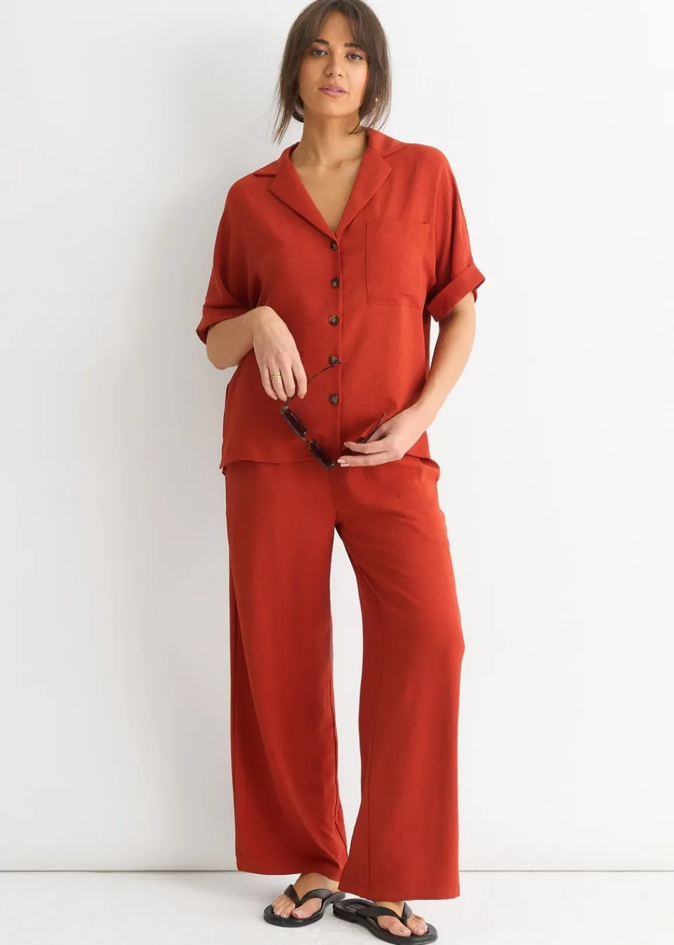Trousers>Gini London Rust Elastic Waist Wide Leg Trousers