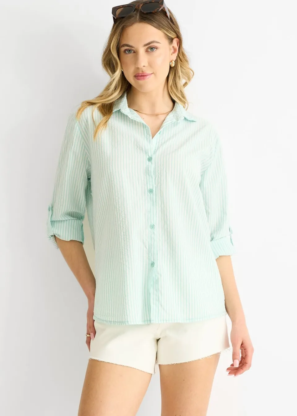 Tops>Gini London Sage Green Cotton Stripe Roll Up Sleeves Shirt