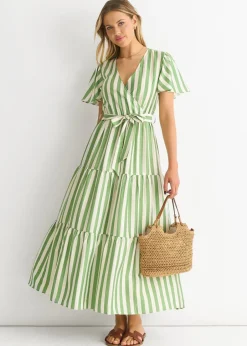 Dresses>Gini London Sage Green Stripe Wrap Belted Midi Dress