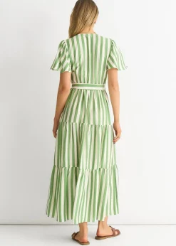 Dresses>Gini London Sage Green Stripe Wrap Belted Midi Dress