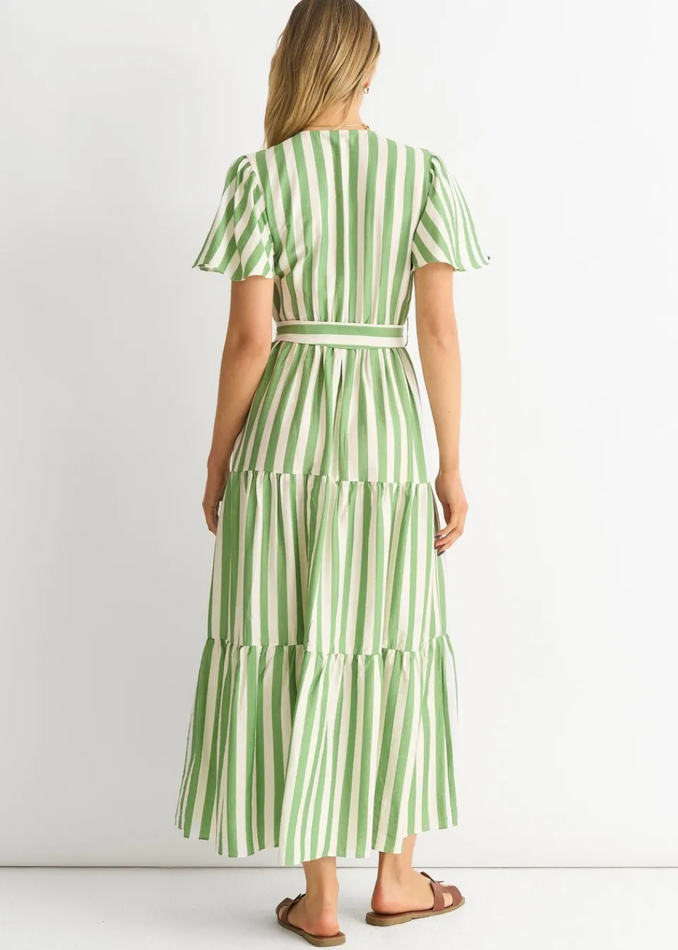 Dresses>Gini London Sage Green Stripe Wrap Belted Midi Dress