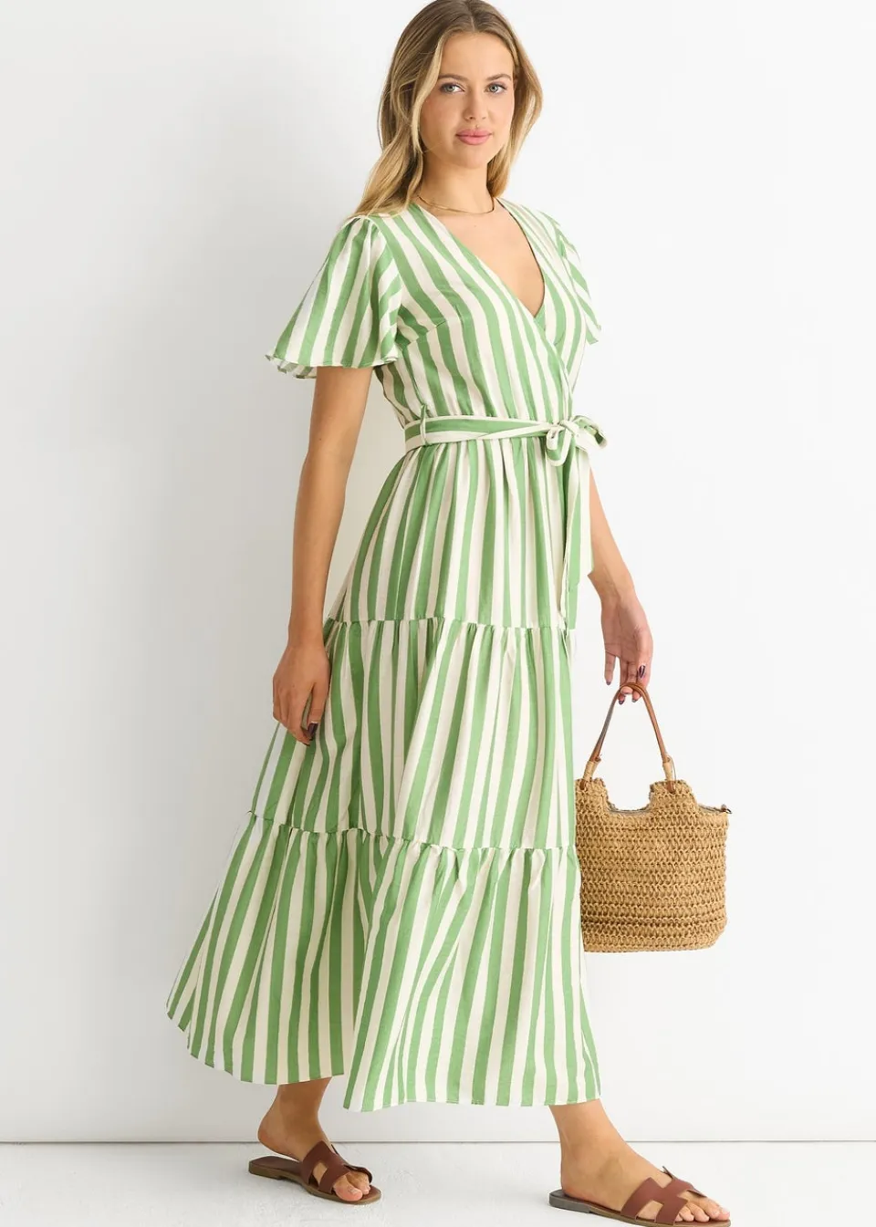 Dresses>Gini London Sage Green Stripe Wrap Belted Midi Dress