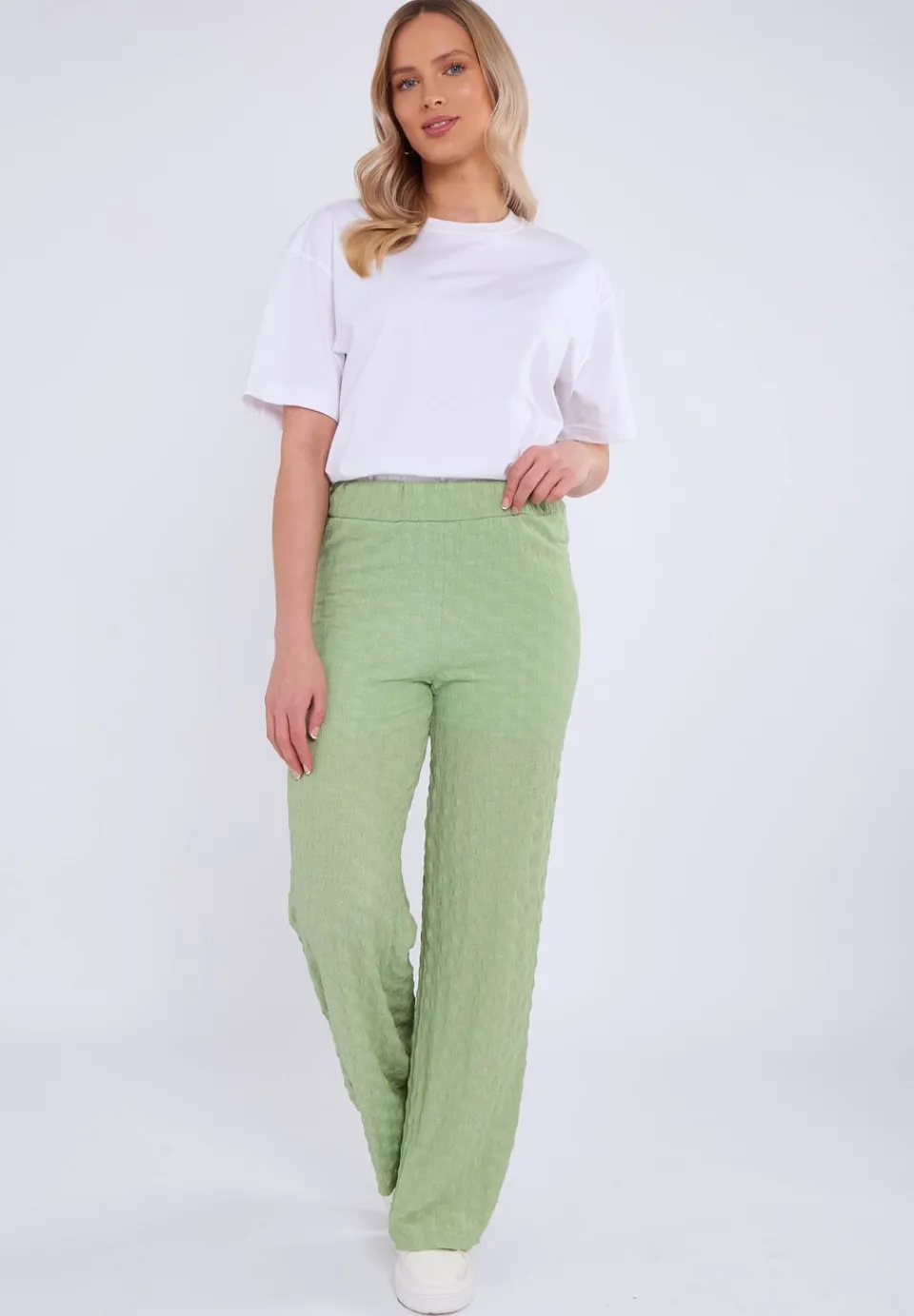 Trousers>Gini London Sage Green Textured Elasticated Waist Flared Trousers